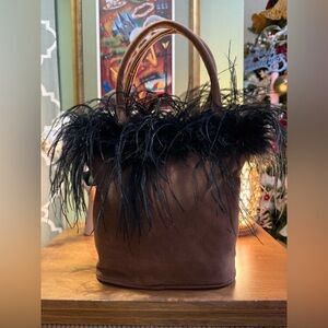 Murval Small Brown Tote with Black Ostrich Feather Trim